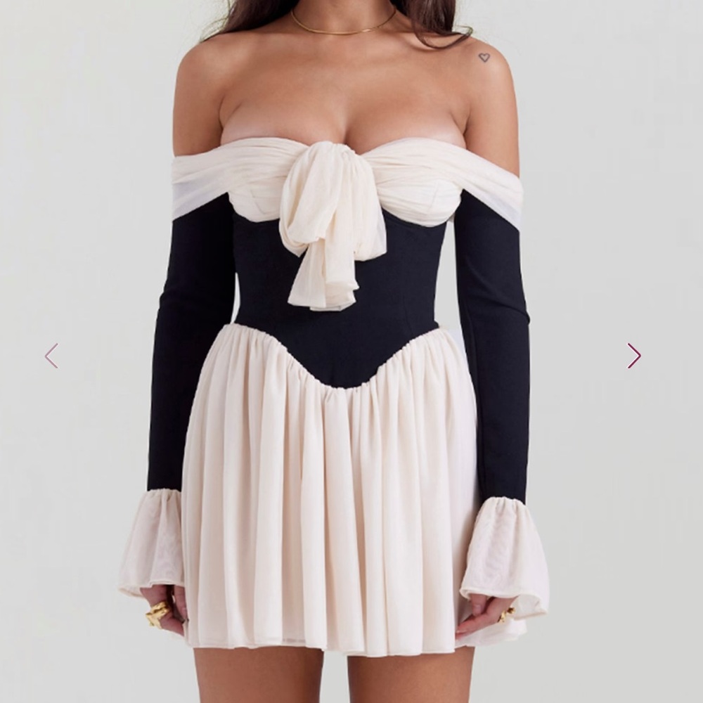 Elegant Off-Shoulder Black and Cream Dress